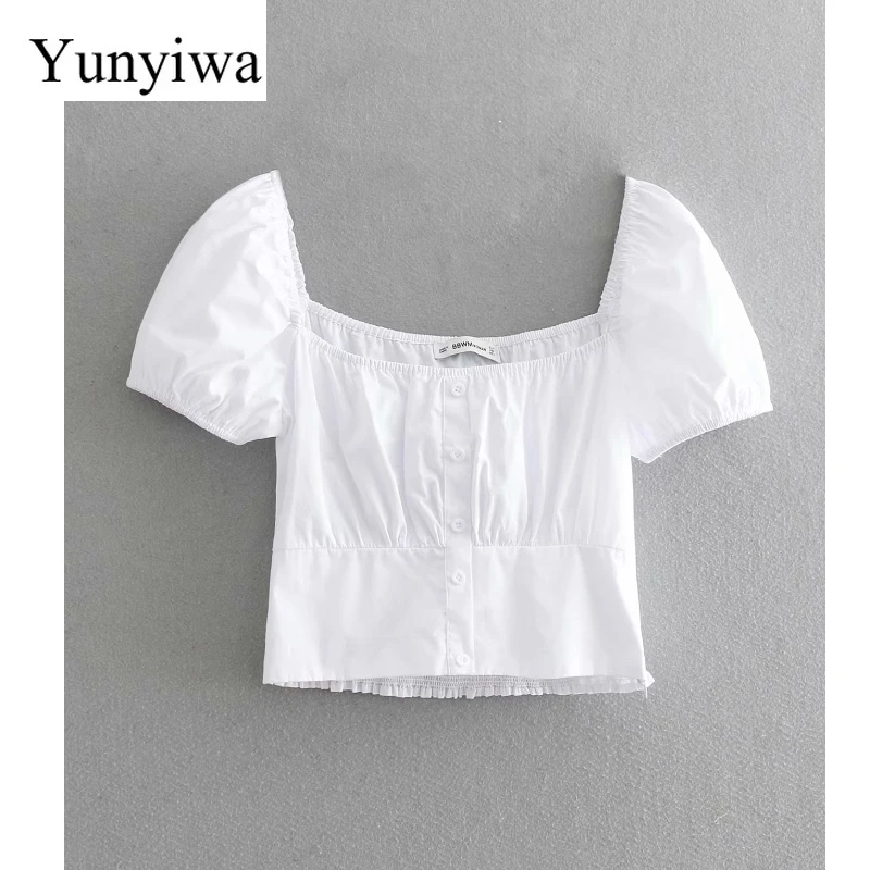Новинка Женская милая однотонная тонкая блуза в стиле кэжуал с пышными рукавами