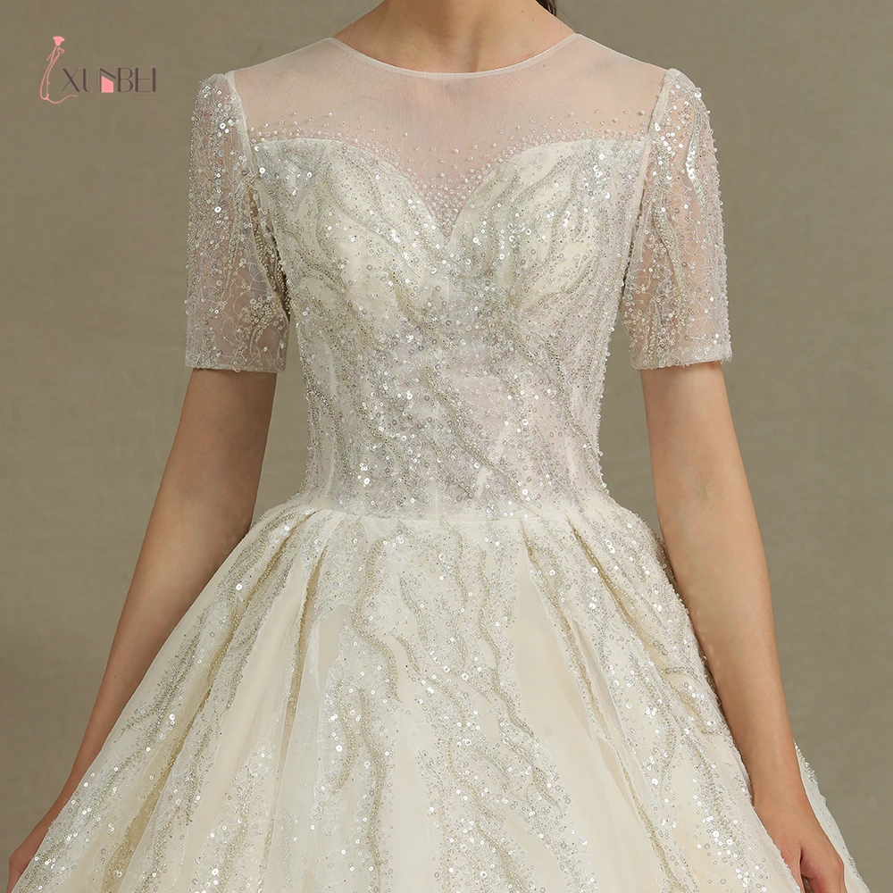 2021 New Arrivals 100% Real A Line Wedding Dresses O Neck Beading Sequins Short Sleeves Mariage Bride Dresses Custom Dresses