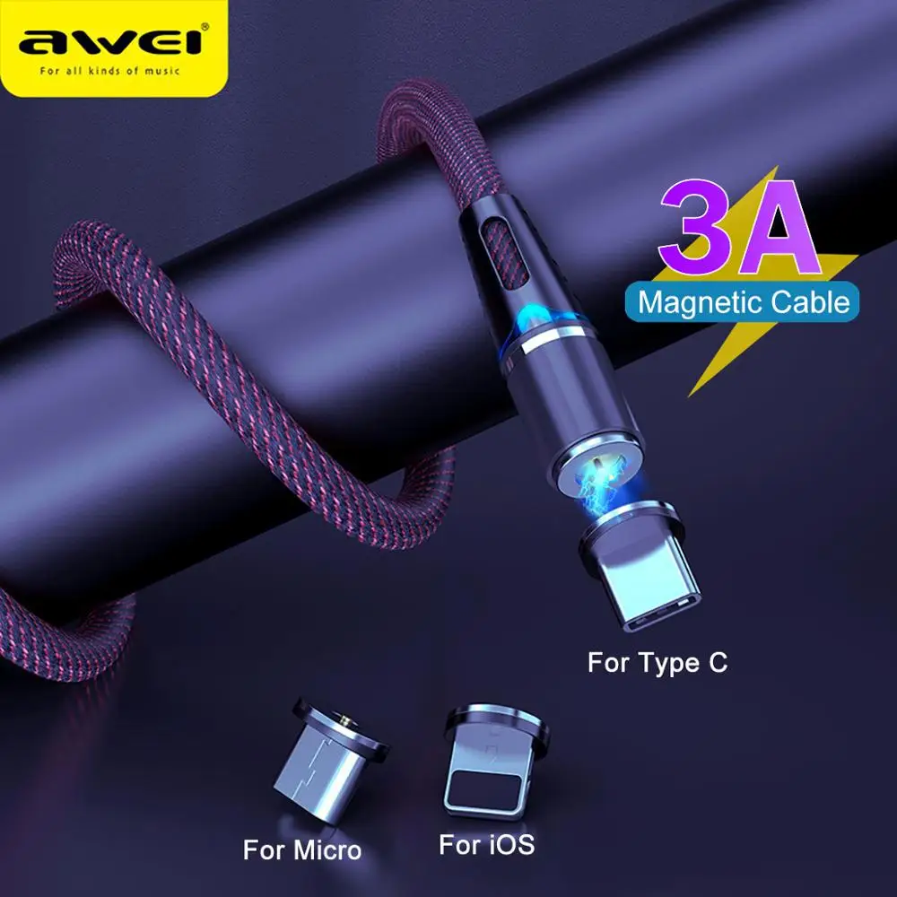 Магнитный зарядный кабель AWEI 3A 3 в 1 Type C Micro USB оплетка провод мощный аксессуар для