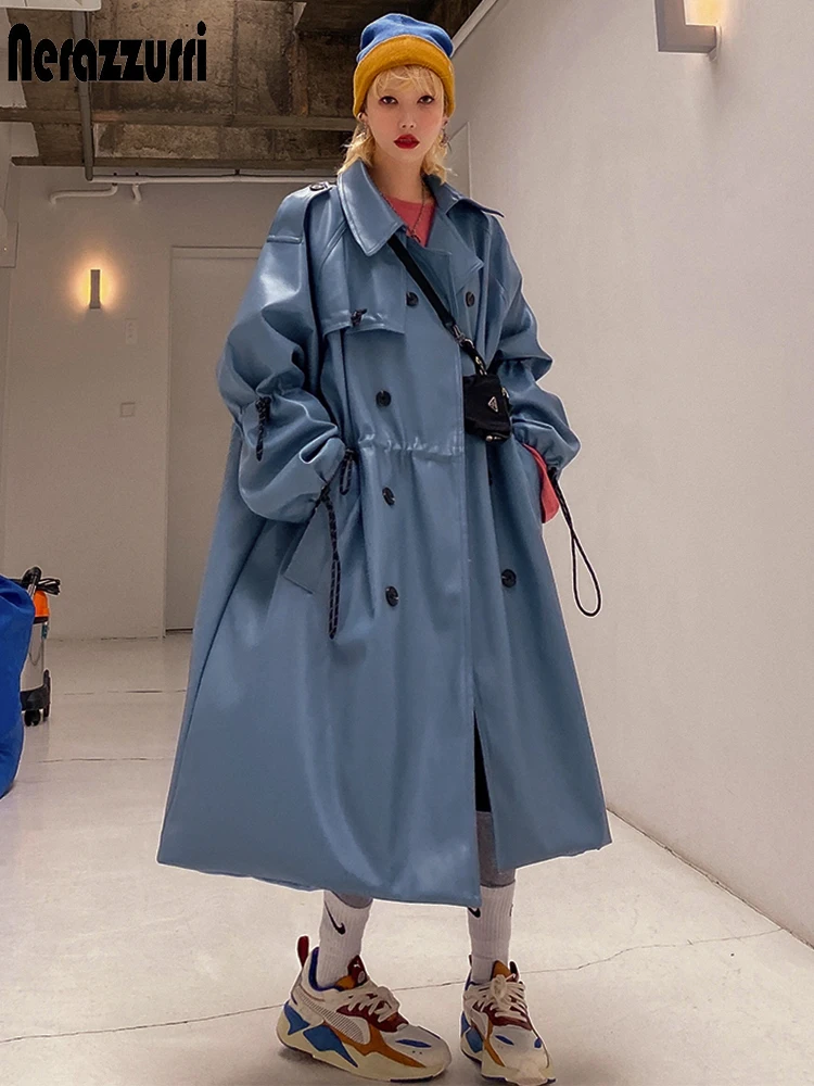 

Nerazzurri Oversized blue long leather trench coat women raglan sleeve drawstring Loose casual plus size waterproof raincoat xxx