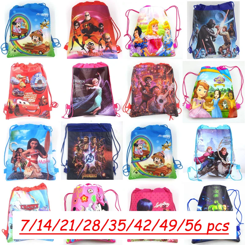 7/21pcs Cartoon Cars Frozen Non-woven Fabric Drawstring Bag Birthday Travel Storage Bags Baby Shower Party Gift Bag Decorations