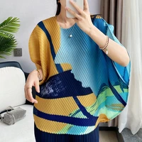 tops for women 45 75kg 2021 spring summer elastic loose miyake pleated round neck batwing sleeves t shirt