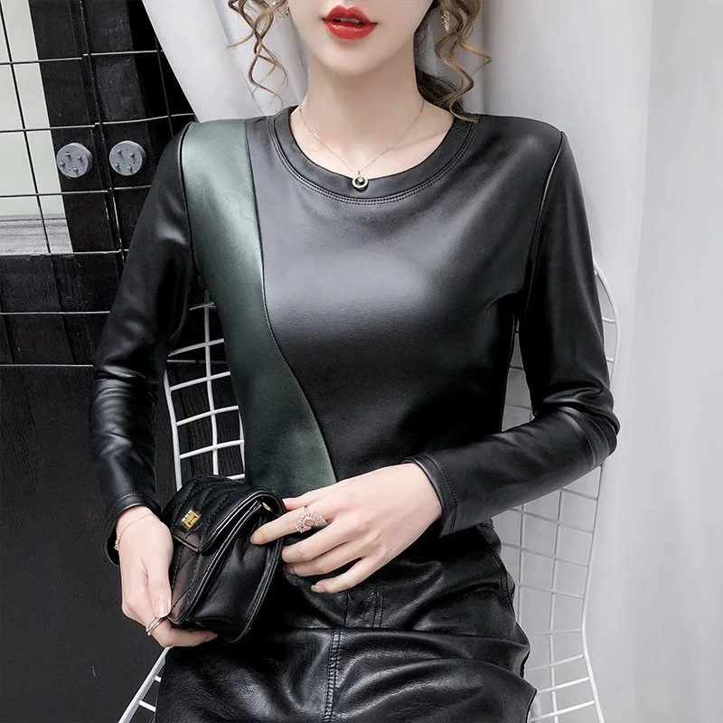 Winter Women's Blouse Leather Tops for Women Patchwork Plus Size 4XL PU Leather Shirt Women Elastic Warm Velvet Top Women Shirts