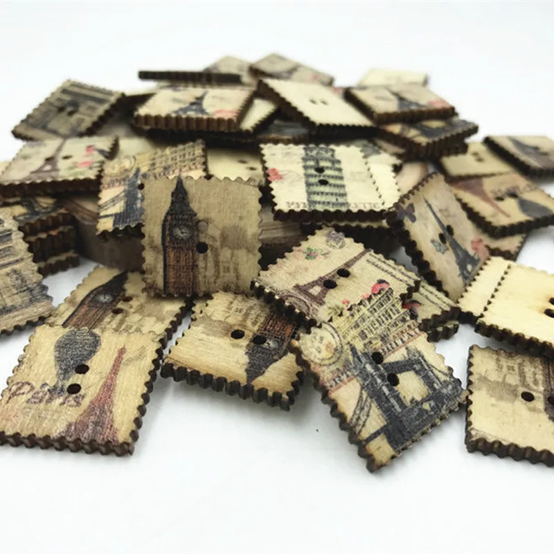 DIY 100pcs Retro Square Mixed landscape Wooden buttons Fit Sewing 20mm | Дом и сад