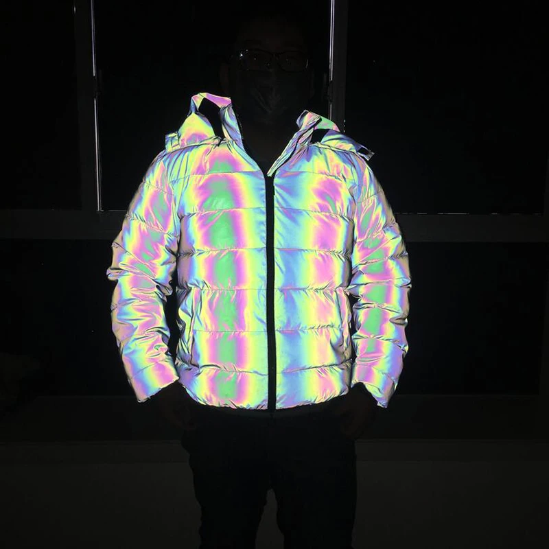 2021 Harajuku Down Jackets Men Rainbow Reflective Padded Zipper Coat Streetwear Hip Hop Fashion Winter Outwear Windbreaker Tops