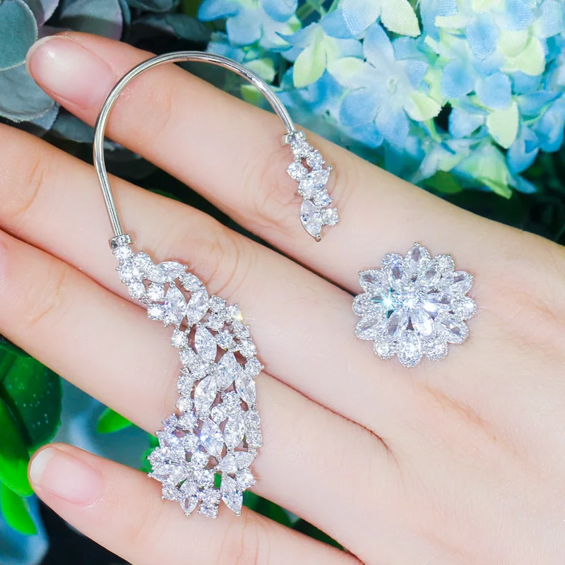 

CWWZircons Sparkling Cubic Zirconia Cluster Flower Big Long Asymmetrical Ear Hook Climber Stud Earrings Women Punk Jewelry CZ732