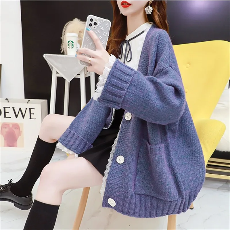 

Womens Lace Splice Sweater Outwear Spring New V Neck Single-Breasted Loose Casual Big Pocket Female Knitted Cardigan Streetwear