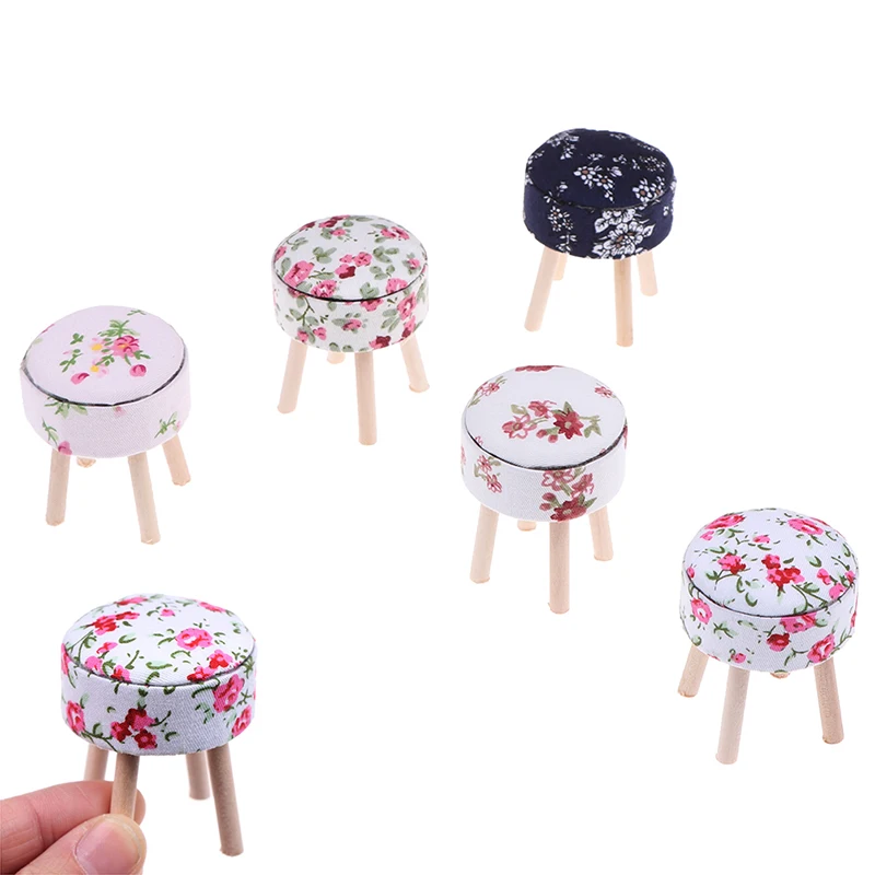 

1/12 Scale Dollhouse Miniature Furniture Round Floral Stool Chair ACC for Dolls House Decor Kids Children Pretend Play Toy