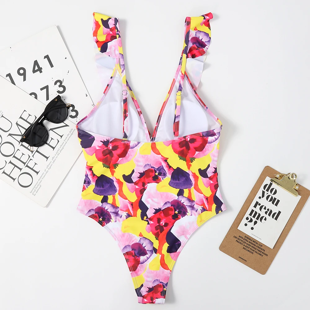 

2021 Sexy New Ruffle One Piece Swimsuit Off The Shoulder printing Swimwear Women Swimsuit Deep-V Bathing Suits Beach Wear bikini