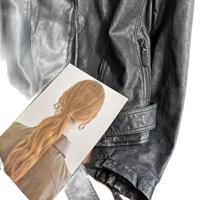 Chaquetas cortas de piel de oveja para mujer, abrigos de cuero con cinturón adelgazante, chaquetas de invierno de cuero para motocicleta