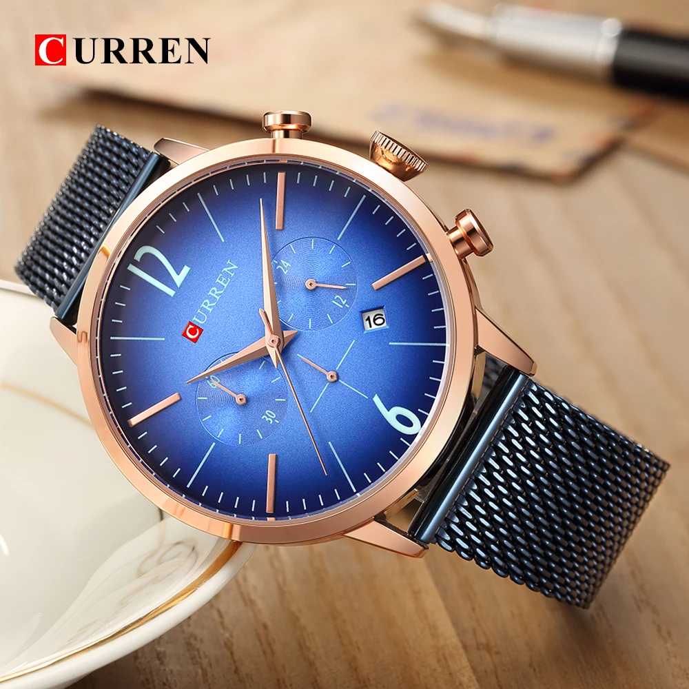 

Curren Quartz Watches Men Simple Casual Dress Mesh Steel Wrist Watch Blue Dial Business Clocks