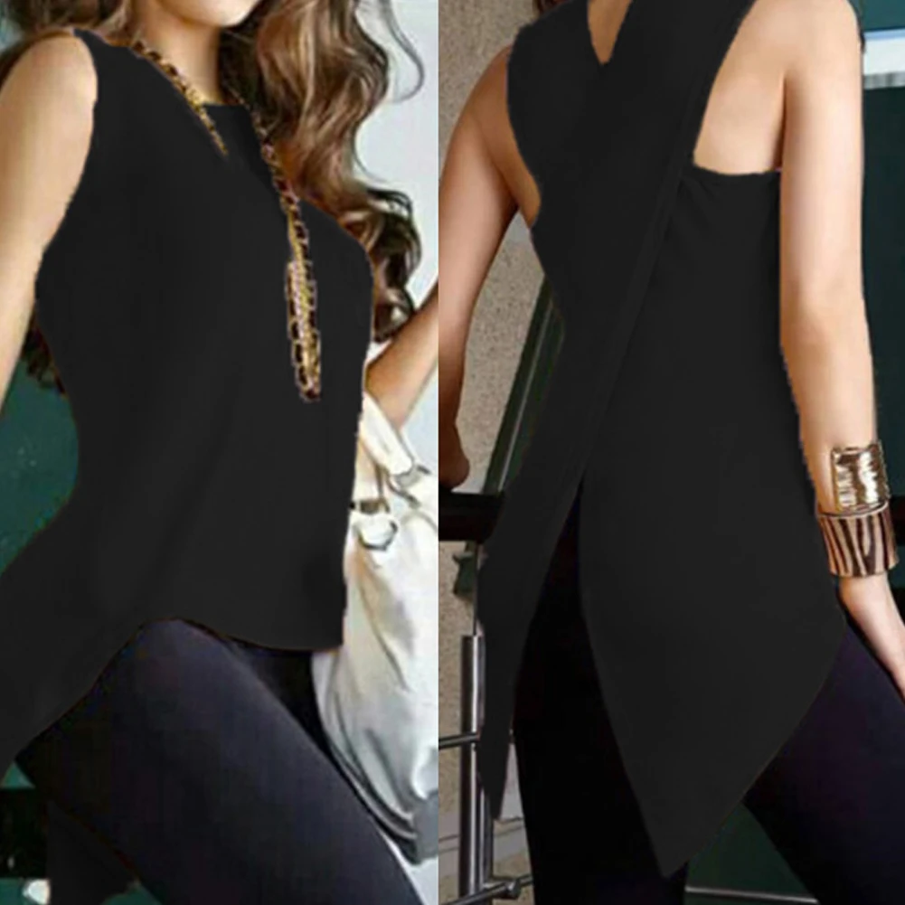 Сексуальная леди сплошной цвет без рукавов Круглый вырез сзади разрез неровный