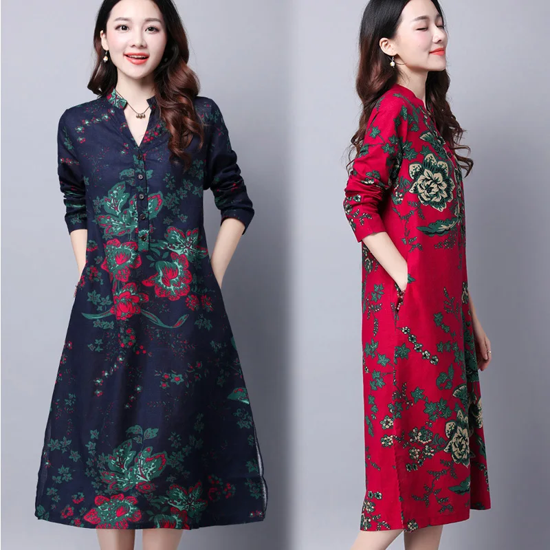 2020 Новое модное однотонное Мягкое хлопковое льняное платье с длинным рукавом