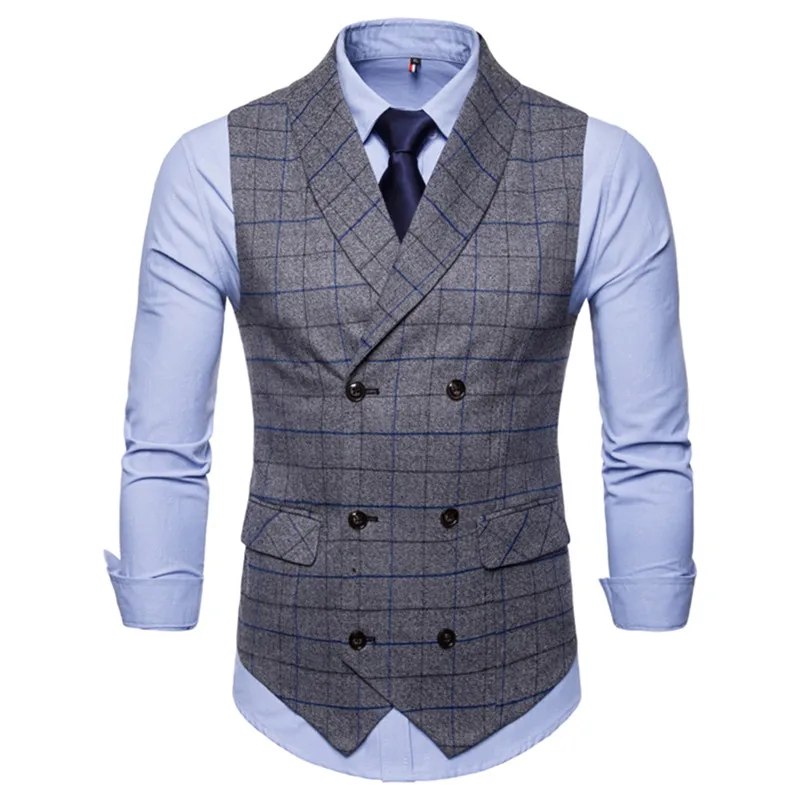 

Men's Suit Vests Plaid Shawl Collar Double-breasted European and American Simple Urban Casual Men's Vests