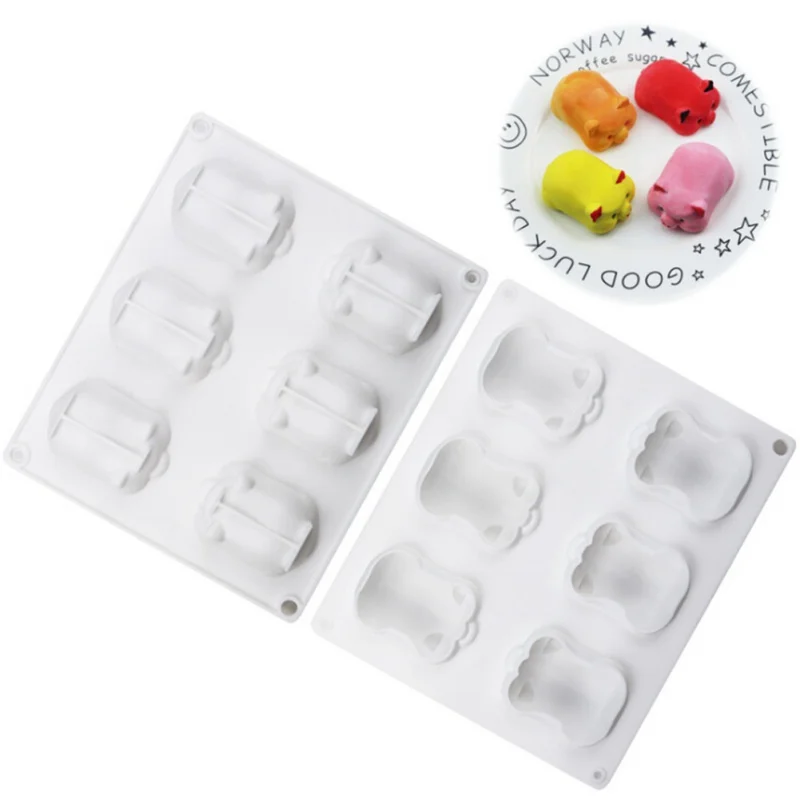

New 6-hole 3D Cute Little Pig Mousse Cake Baking Tray Net Red Rabbit Silicone Mold Chocolate Candy Mold Jelly Ice Cube Tray