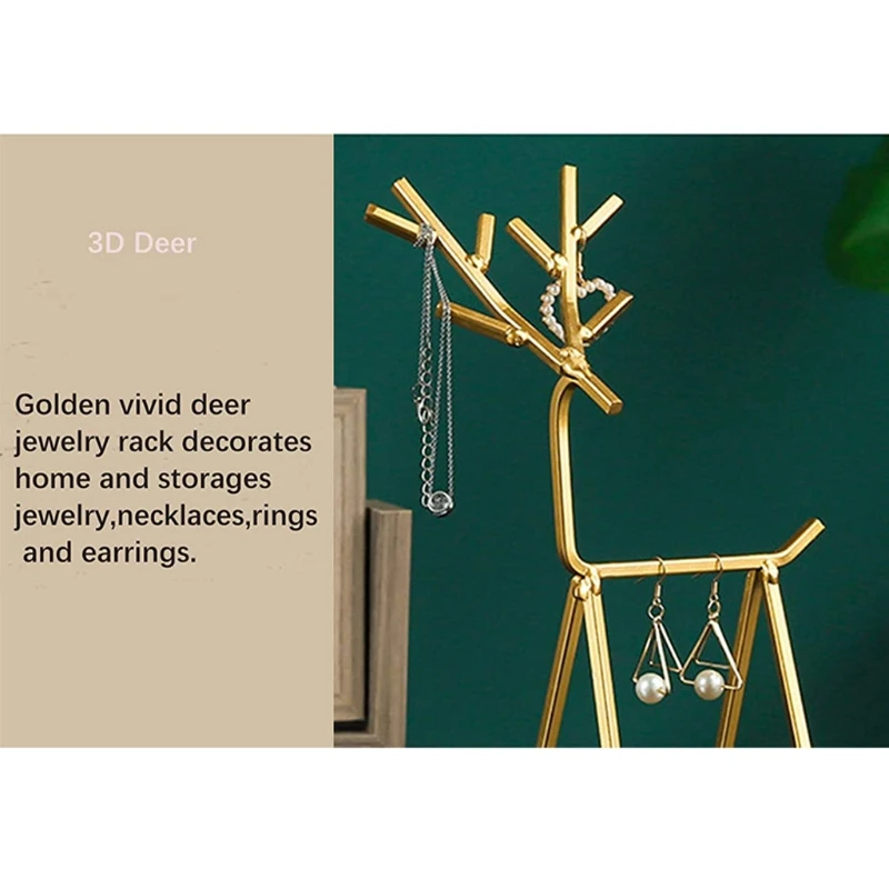 

3D Golden Deer Jewelry Display Stand Geometric Deer Ring Earrings Organizer Tree K3KF