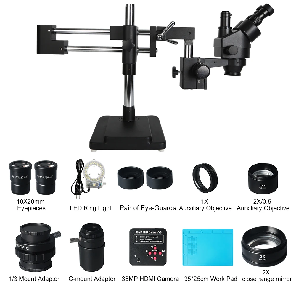 

3.5X-90X Double Boom Zoom Simul Focal Trinocular Stereo Microscope With 38MP USB Industrial Camera For Phone PCB Repair