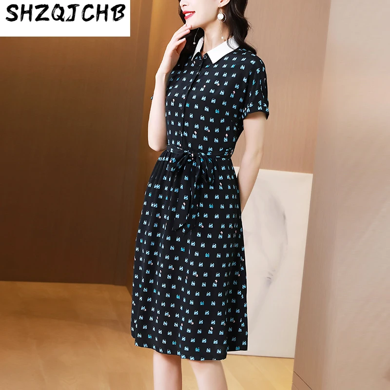 

Женское шелковое платье SHZQ, летняя юбка из шелка тутового шелкопряда на шнуровке с молодым принтом