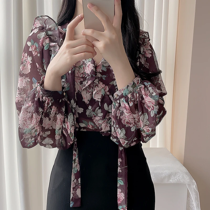 

Alien Kitty Edible Tree Fungus Solid Color Women Blouse Bow Printing Shirt Vintage Loose 2021 Hot New Autumn Ladies Fashion