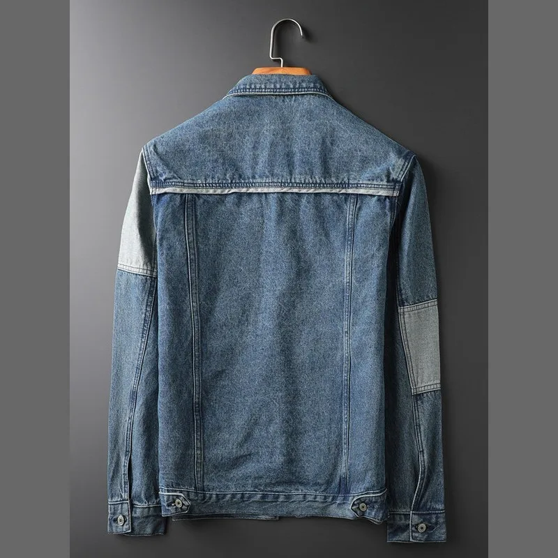 Модная Осенняя Лоскутная Мужская джинсовая куртка 2020 Повседневная синяя Рабочая