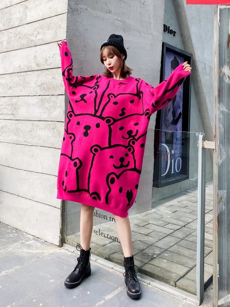 QING MO Autumn Rose Red Coffee Women Pullovers Sweater Dress 2020 Winter Warm Long Female Cartoon ZQY2158 | Женская одежда