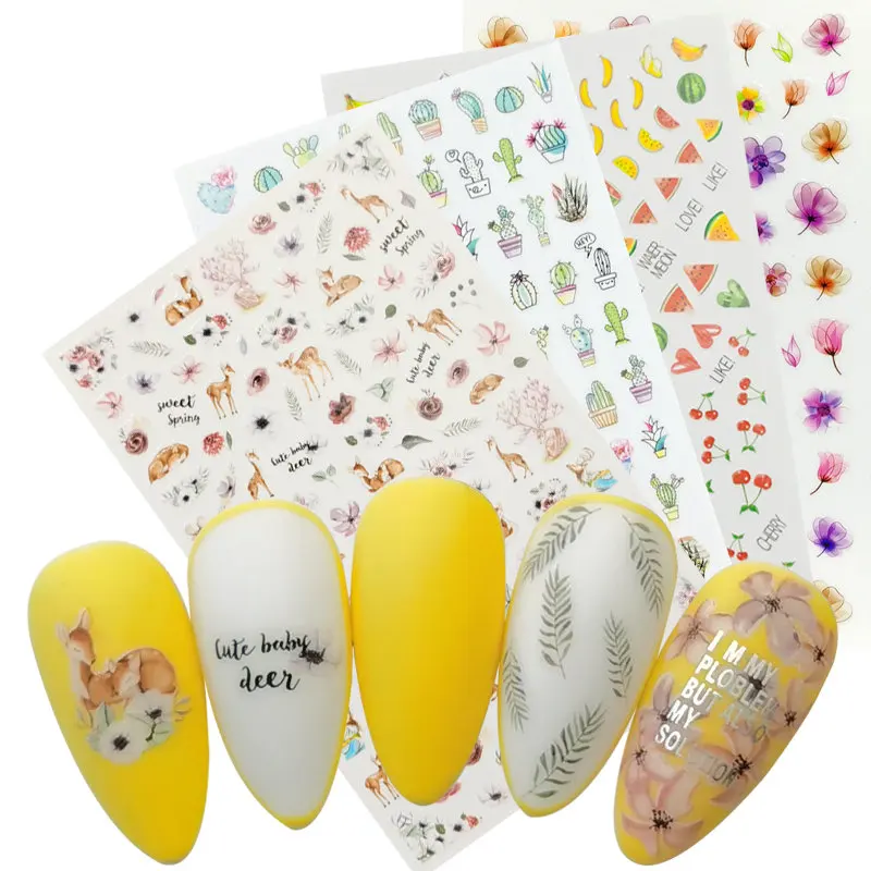 

1 Sheet Deer Fruit Cactus Fower Leaf 3D Self Adhesive Nail Sticker Transfer Decals Manicure Decorations DIY Stickers