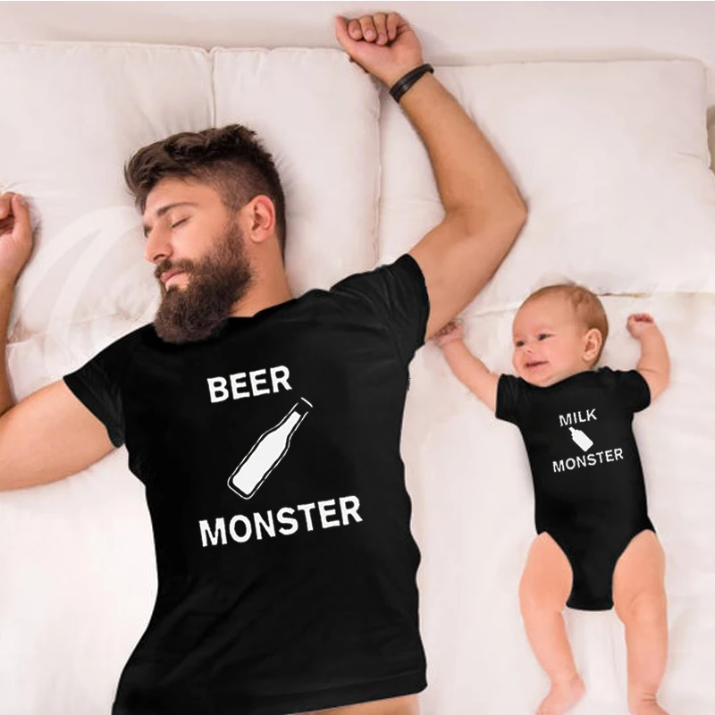 

Funny Beer Monster Milk Monster Print Family Matching Clothes Dad and Son Tshirts Baby Clothes Casual Father Son Matching Tee XL
