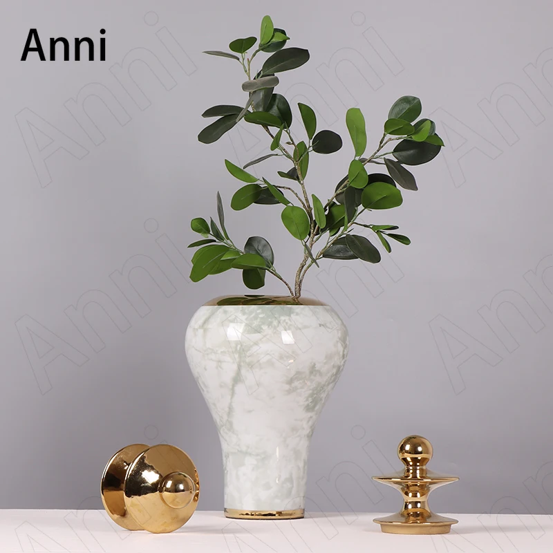 barato Chinês Textura De Mármore Cerâmica Vaso Criatividade Golden Stroke Espiral Metal Tampa Decorativa Bancada Vasos Decoração Da Sala Estar