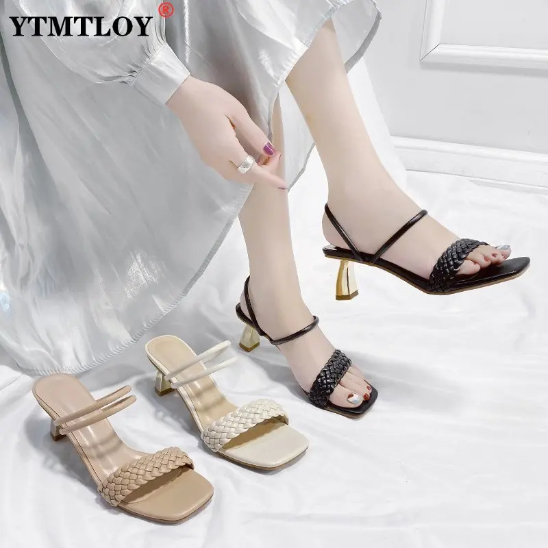 

New Weave Heels Slides Open Toe Breathable Summer Cool Two Kinds of Sandals and Slippers Women Shoes Large Size 43