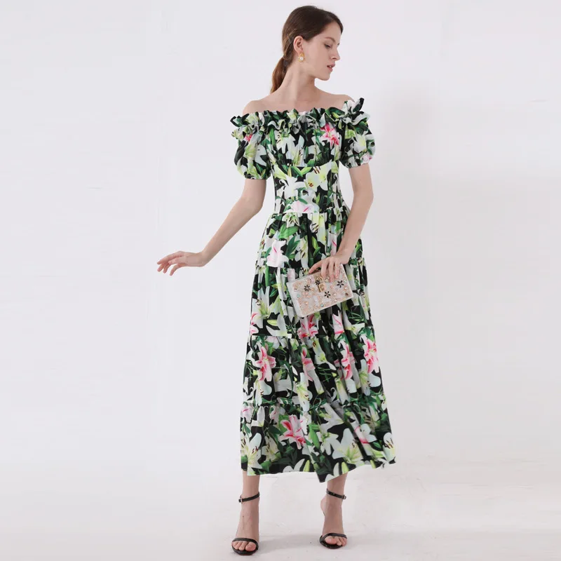 green chiffon pink lily floral layers fulled dress women robe 20 summer long casual beach sexy dresses plus size slim fit