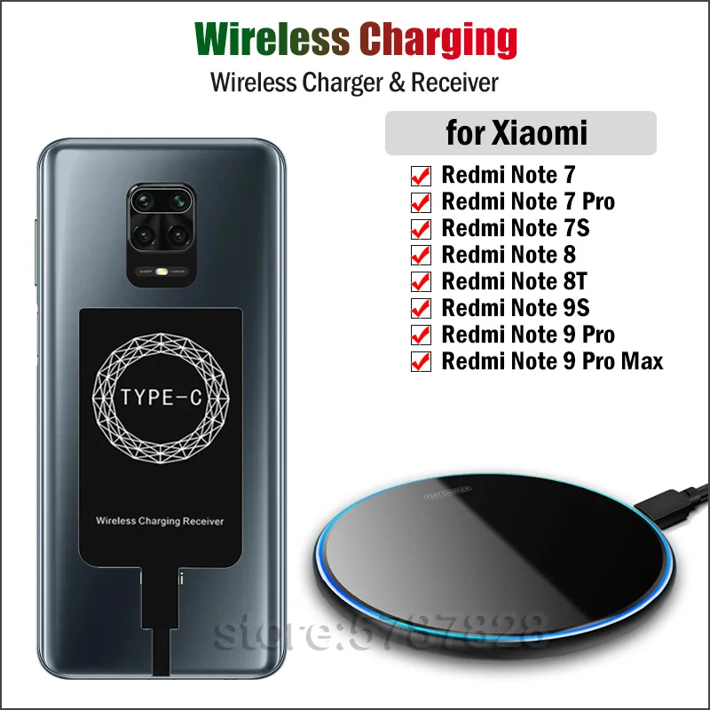 

Phone Wireless Charging Pad for Xiaomi Redmi Note 7 7S 8 8T 9S 9 Pro Qi Wireless Charger+USB Type-C Charging Receiver Adapter