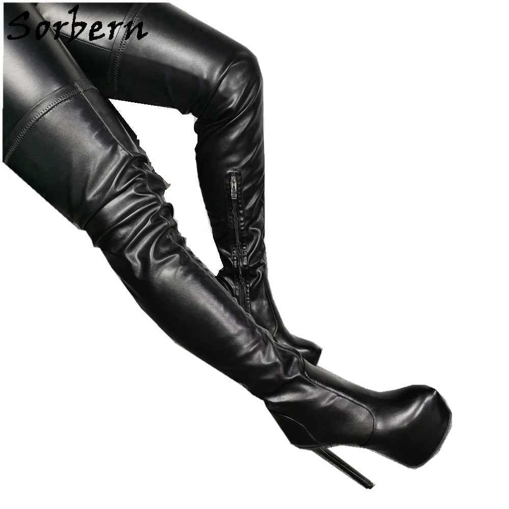 

Женские вечерние Сапоги выше колена Sorbern, Черные Сапоги выше колена на высоком каблуке, с острым носком, на платформе, 2020