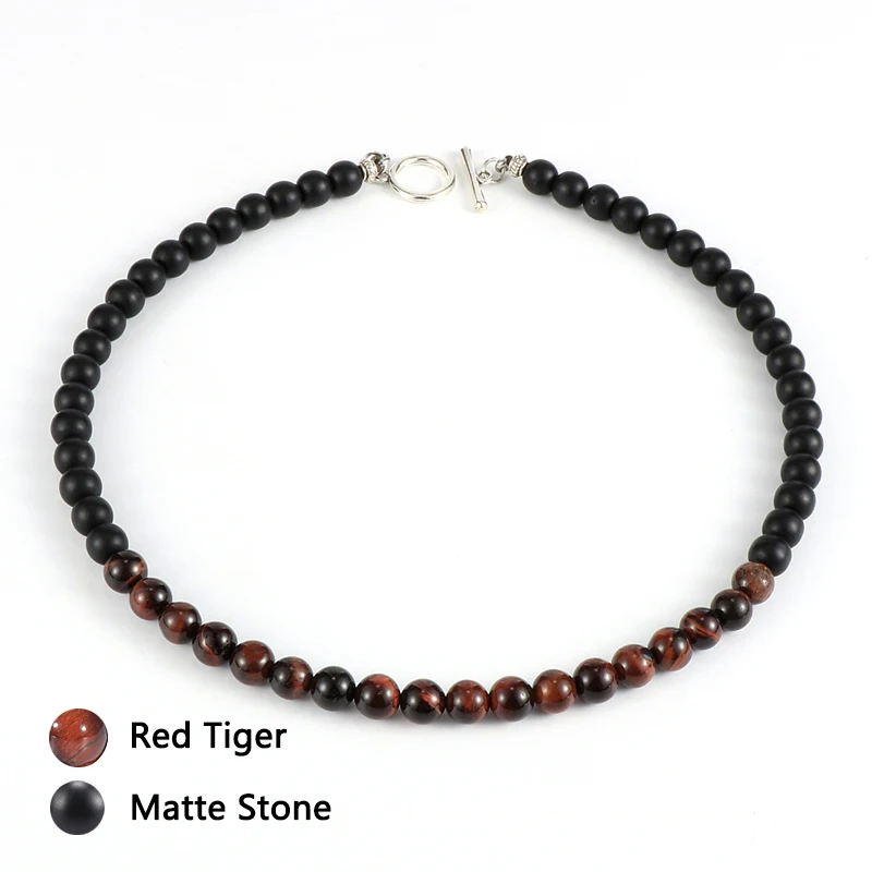 

Men Natural Map Stone Tiger Eye Lapis Lazuli Stone Beads Necklace Hematite Lava Rock Choker Neck Chain Simple Jewelry 45cm/50mm