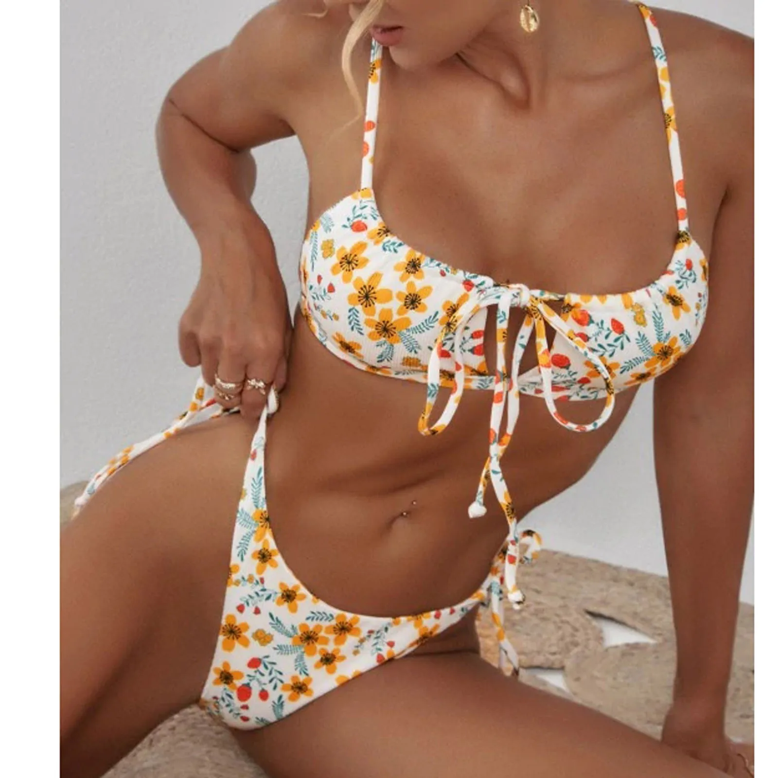 

Sexy Swimwear Women's Flower Printed Bandeau Swimsuit Lace-up Ruffle Straps Bikini Set Two-piece Swimsuit Купальники Женские @40