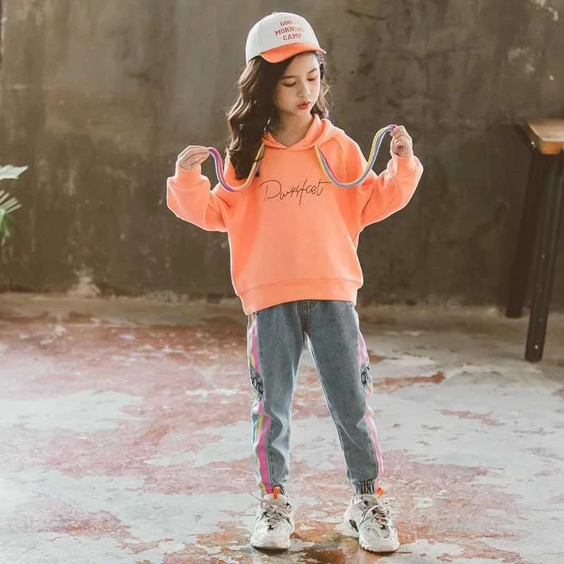 New Autumn Spring Girls Clothing Suits Pullover Kids Colored Cotton Sweatshirt Tracksuit Sport Suits Outwear Jean Pants