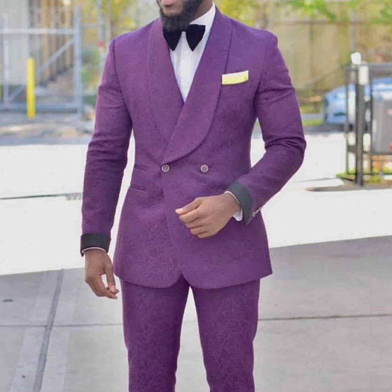 

Double Breasted Purple Men Suits for Prom Floral Jacquard 2 piece Slim fit Groom Tuxedo African Man Fashion Wedding Costume