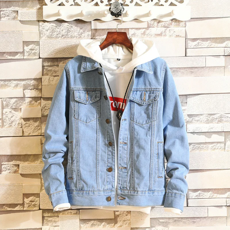 Мужская джинсовая куртка с потертостями Повседневная приталенная из хлопка