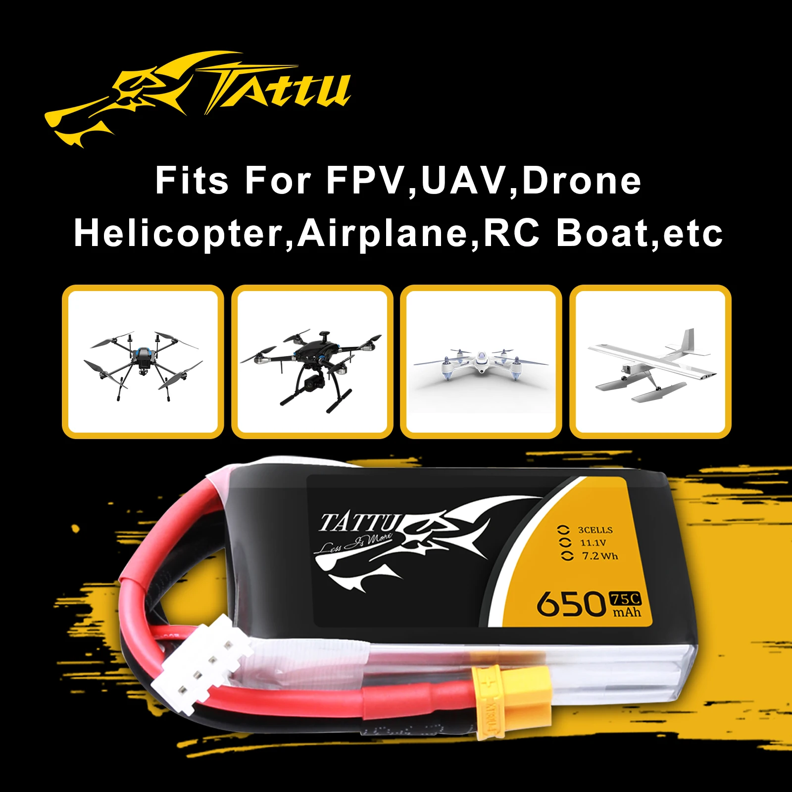 Tattu-bater&iacute;a Lipo de 650mAh, 11,1 V, 3S, 75C-150C, con enchufe XT30, para Dron FPV, cuadric&oacute;ptero de carreras, 130 modelos, invierno, interior, FPV-4