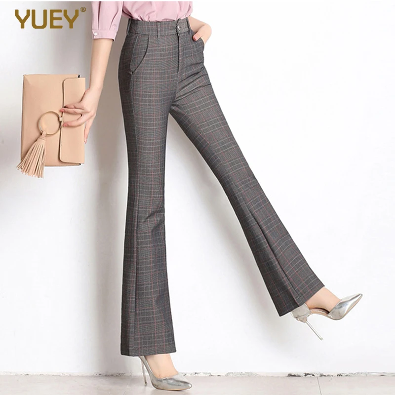 Женские повседневные брюки в клетку облегающие тонкие клеш с завышенной талией