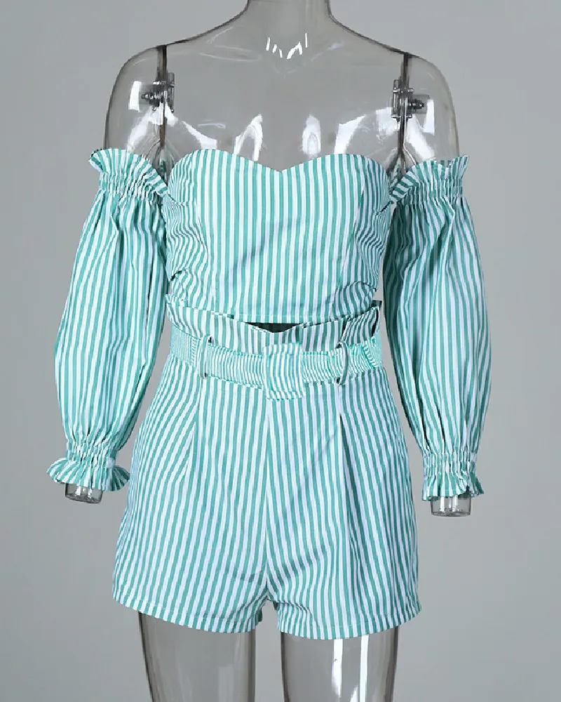

Striped Off Shoulder Frill Hem Tops & Shorts Set Women 2 Piece Outfits