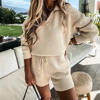 dourbesty new 2pcs women knitted set long sleeve v neck tops drawstring shorts knitwear loungewear femme 2021 autumn clothes
