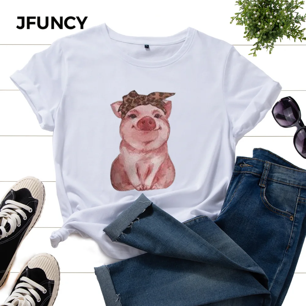 

JFUNCY Women T-shirt Summer Cotton Tops Oversized Woman Tshirts Cute Bow Bandana Pig Short Sleeve Female Tee Shirt