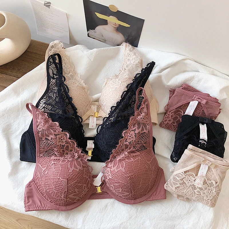 

Sexy Backless Bra And Panty Set Lace Front Closure Seamless Push Up Underwear deep-v neck brassiere Briefs Women Lingerie