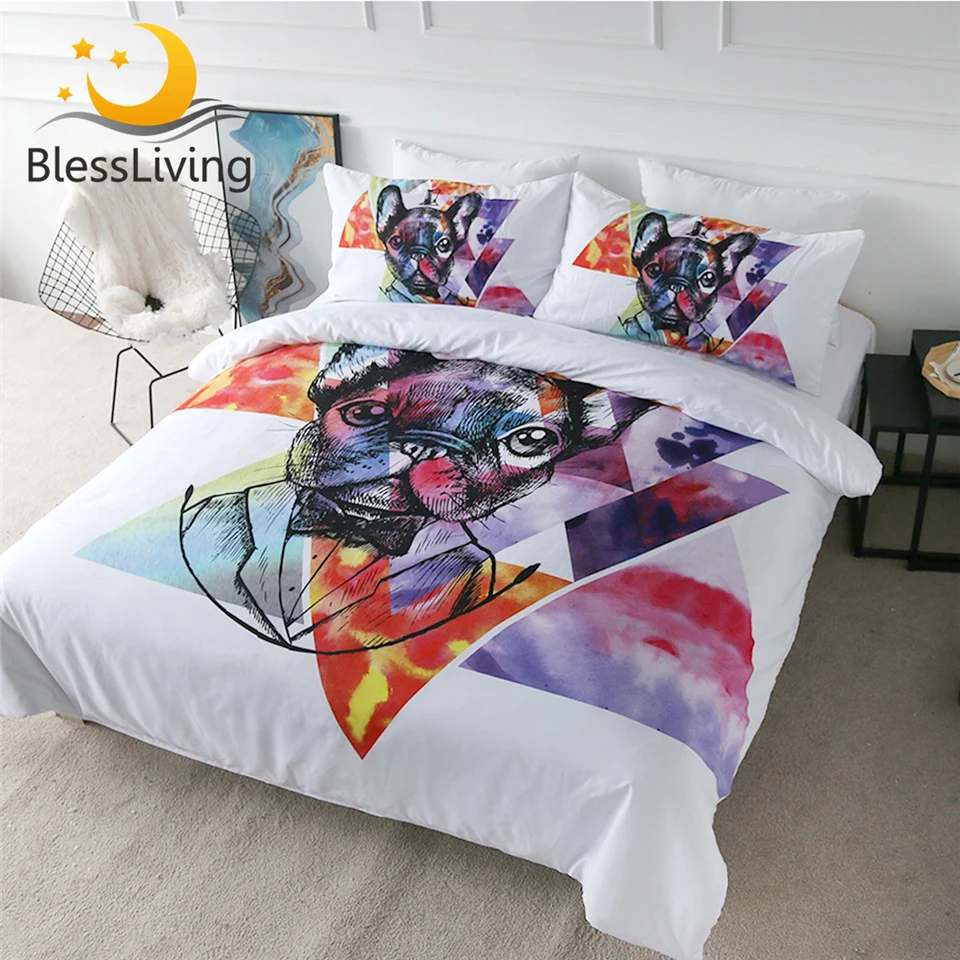 

BlessLiving Pug Bedding Set Watercolor French Bulldog Duvet Cover Hipster Puppy Dog Bed Set 3 Pieces Geometric Bedspreads Queen