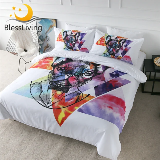 BlessLiving Pug Bedding Set Watercolor French Bulldog Duvet Cover Hipster Puppy Dog Bed Set 3 Pieces Geometric Bedspreads Queen 1