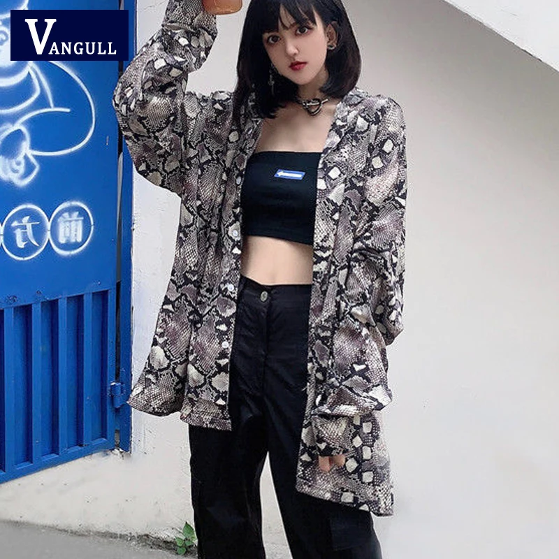 

Vangull Classic Snakeskin Printted Women Shirt Single Breasted Turn-Down Collar Loose Oversize Tops New Spring Female Shirt