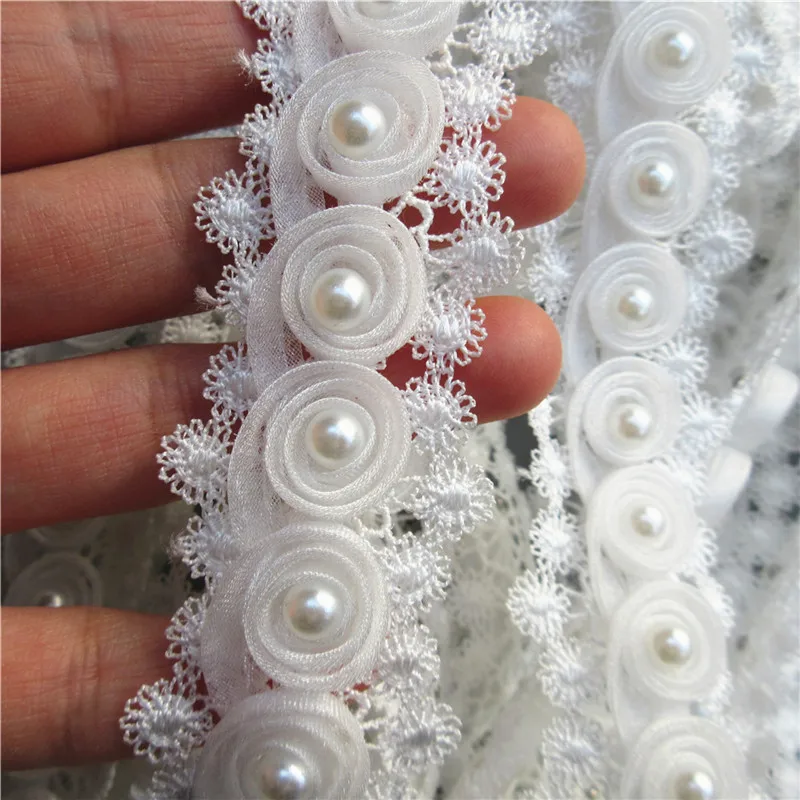 1 ярд белый двойной жемчуг розы цветы вышитые кружева отделка Лента для
