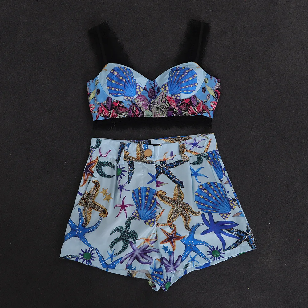 Женский комплект из двух предметов кружевной с высокой талией и принтом морской