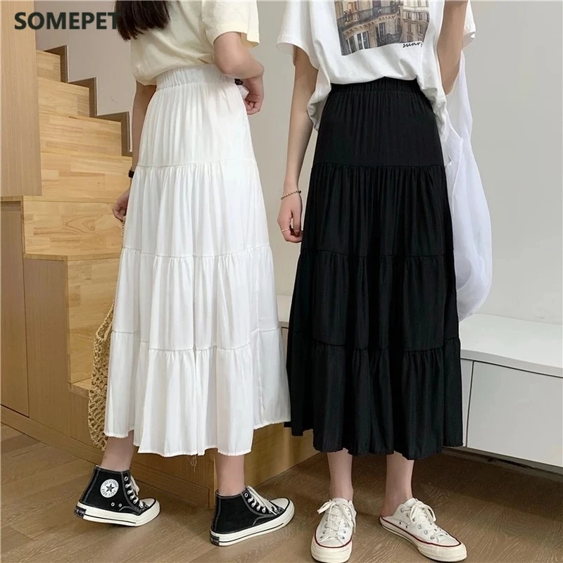 

Spring Summer Women Chiffon Skirts Vintage High Waist Elastic Patchwork White Black Chic Long Cake A-line Skirt for Student
