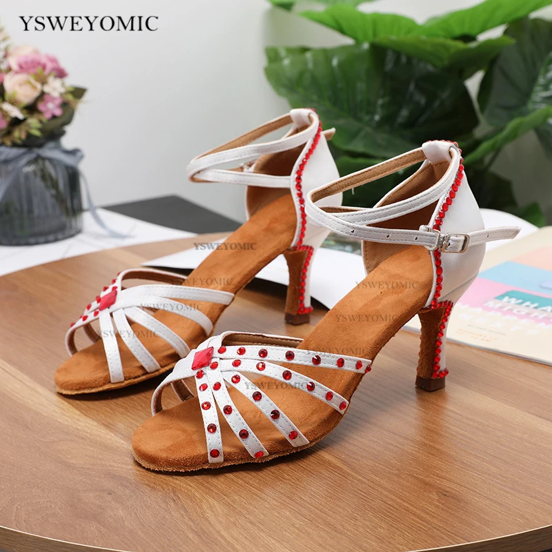 Competitive Dance Shoes White Satin Red Rhinestones Latin Ballroom Women Dance Shoes Indoor Medium Heel 7cm
